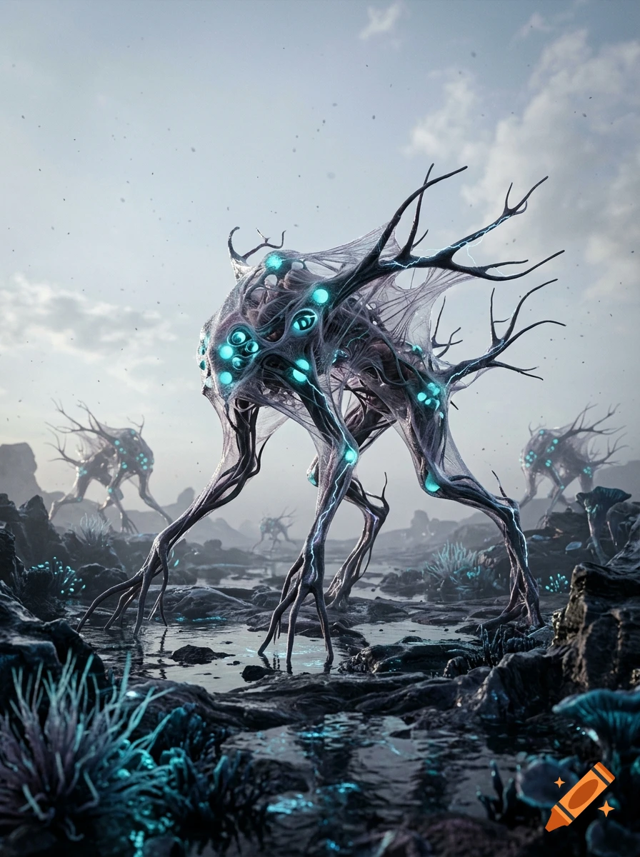 Photorealistic surreal landscape with otherworldly multi-eyed neuron-like creatures standing in shallow water.