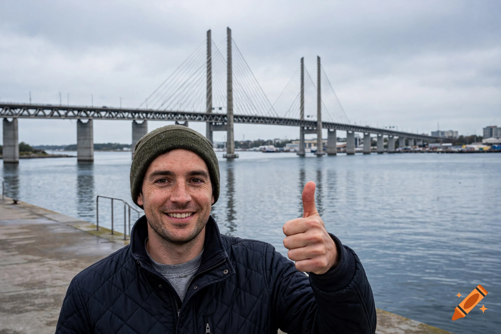 Photorealistic image of a smiling man in a beanie and jacket giving a thumbs up in front of a large bridge over water.