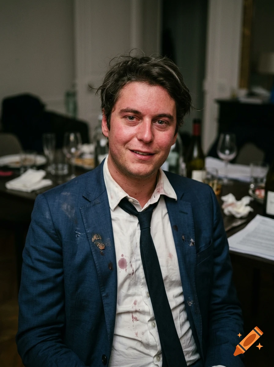Photorealistic portrait of a disheveled man in a blue suit and white shirt with stains, smiling weakly.