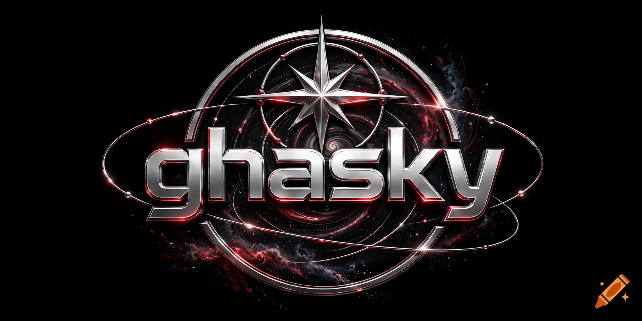 Metallic silver and red logo with the word 'ghasky' centered inside a cosmic star and ring design on a black background.
