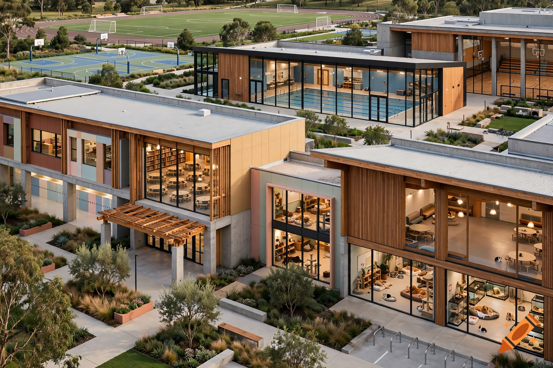 Aerial view of a modern school campus featuring wooden and concrete buildings, a swimming pool, and glass-walled rooms with animals.