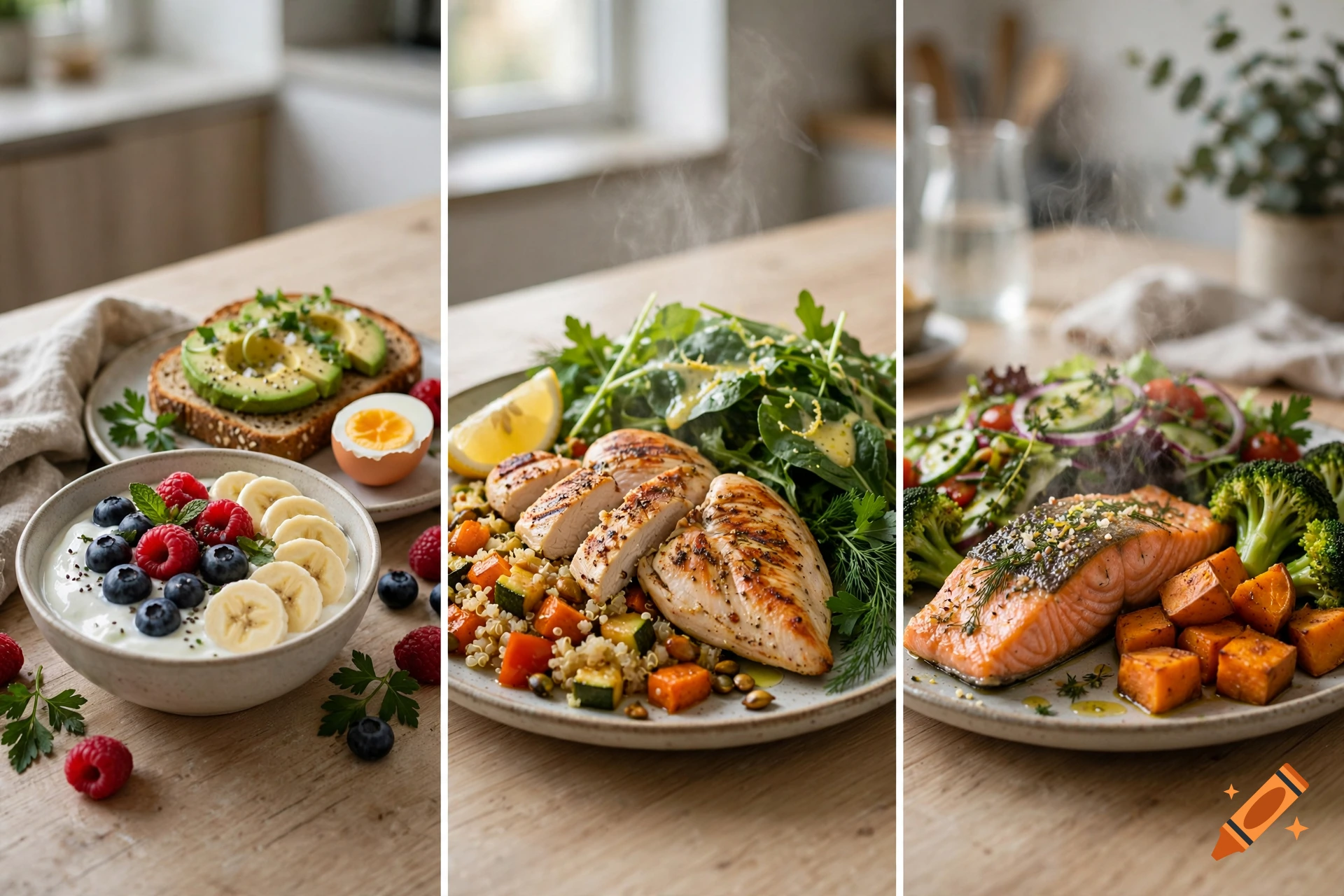 Triptych of healthy meals including breakfast bowl with fruit, chicken with quinoa salad, and grilled salmon with vegetables.