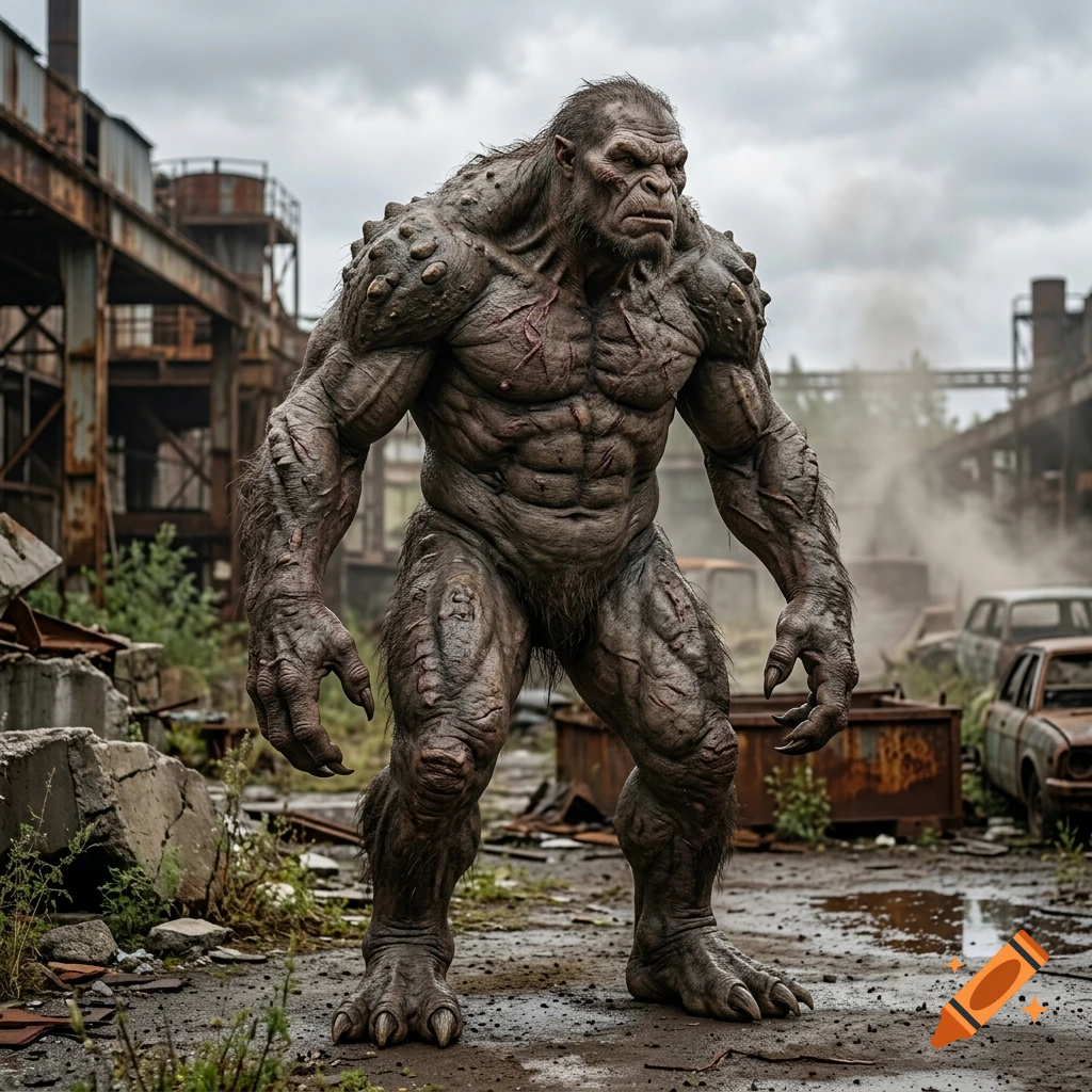 Photorealistic large, muscular grey monster with scars standing in an abandoned industrial scrapyard under a cloudy sky.