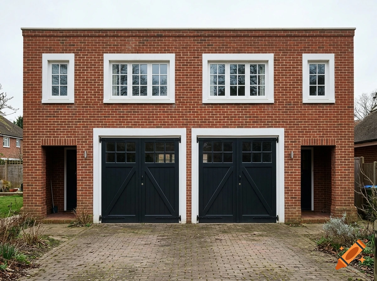 Photorealistic image of a modern red brick building with two large black garage doors and multiple white-framed windows.