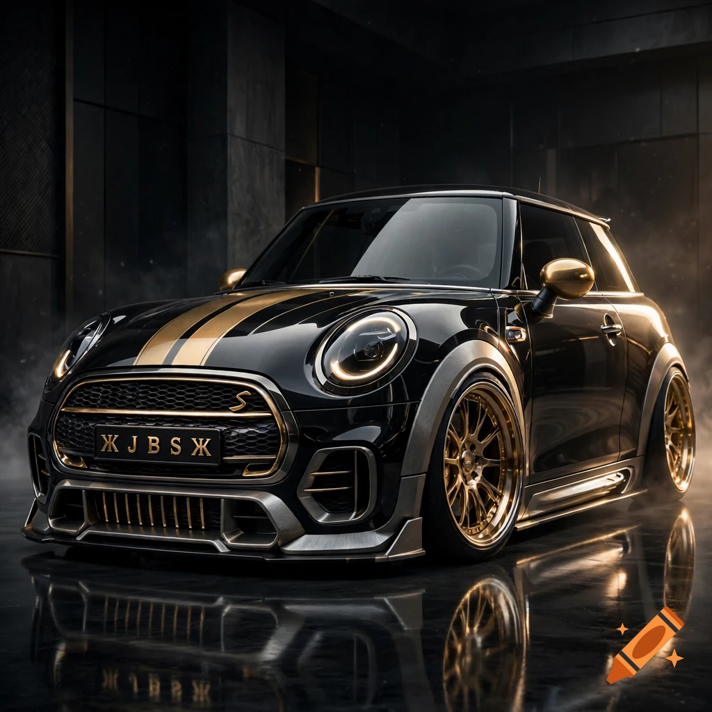 Custom black and gold Mini Cooper S with custom lettering on the grille parked in a dark garage.