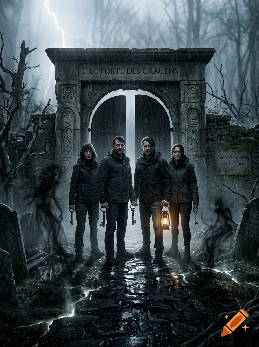 Four grim figures holding keys and a lantern standing before a massive stone gate with German inscription in a dark, foggy graveyard.