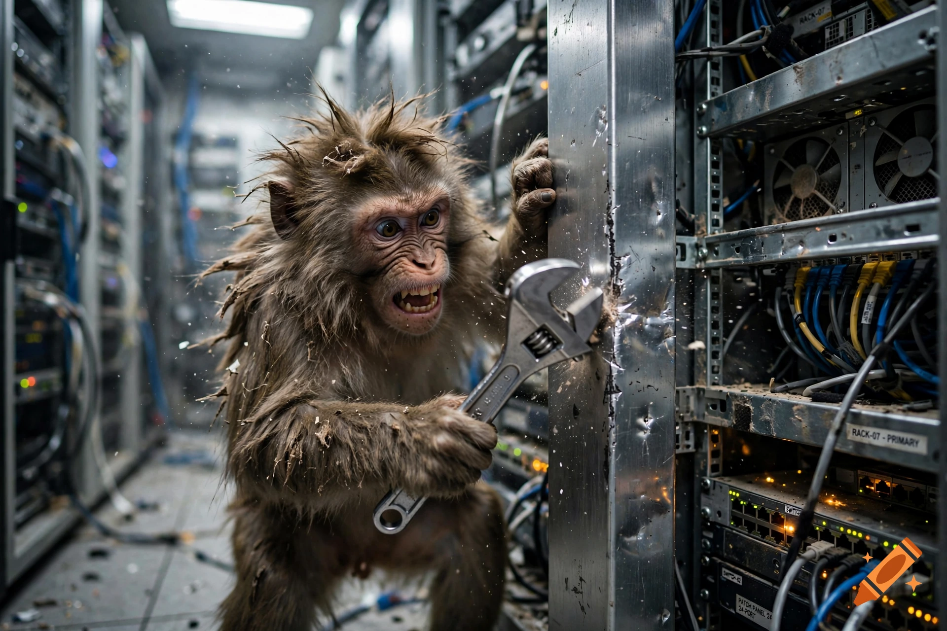 A monkey wielding a wrench damages a server rack inside a data center.