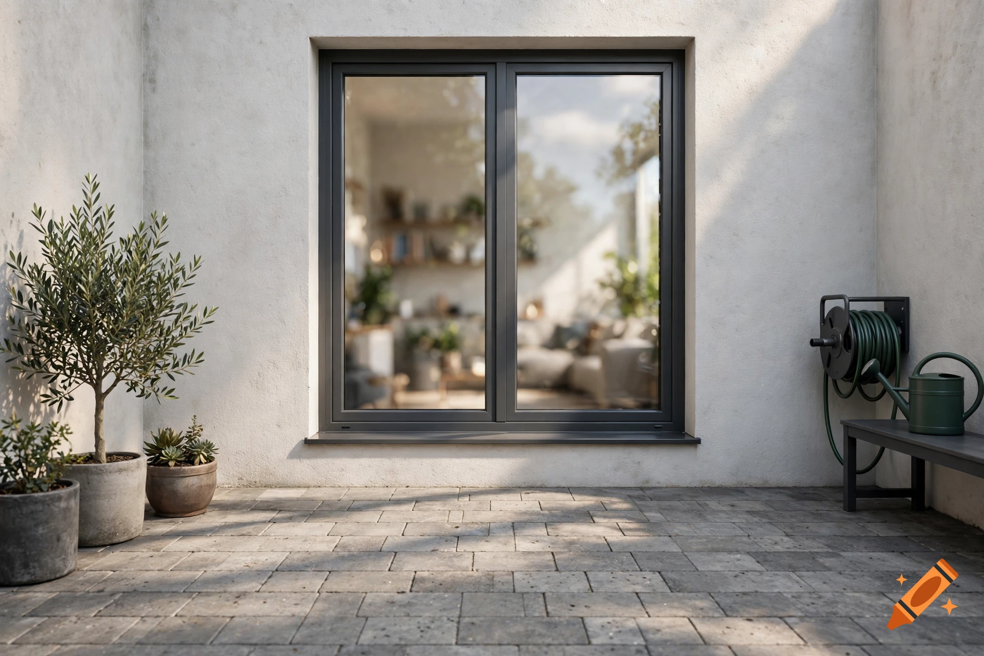 An outdoor paved courtyard with potted plants on the left and a window looking into an interior space.