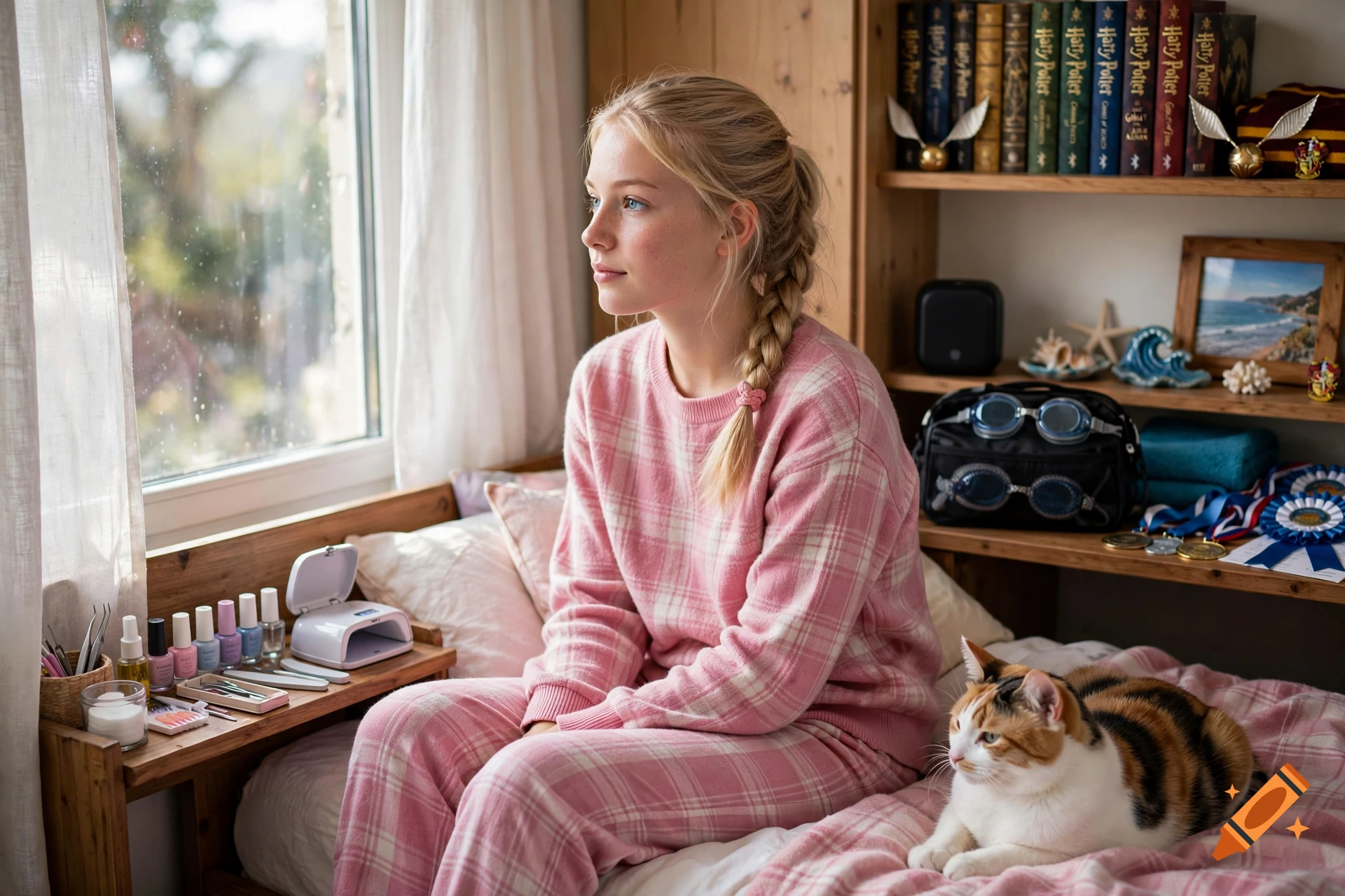 Photorealistic image of a blonde teenage girl with a braided hairstyle sitting on a bed by a window in her bedroom, accompanied by a calico cat.