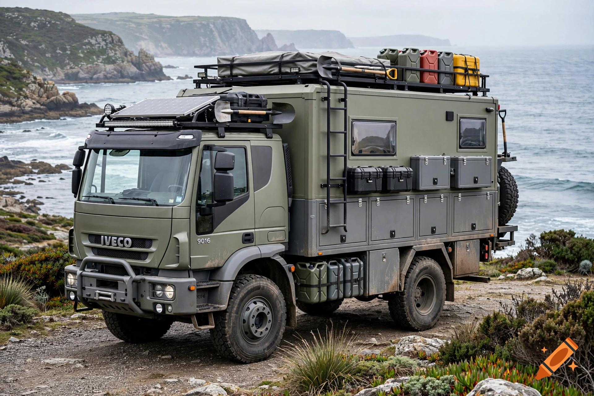 An olive-green and grey Iveco expedition truck parked on a coastal dirt path near the ocean, equipped with a roof rack, solar panels, and storage boxes.