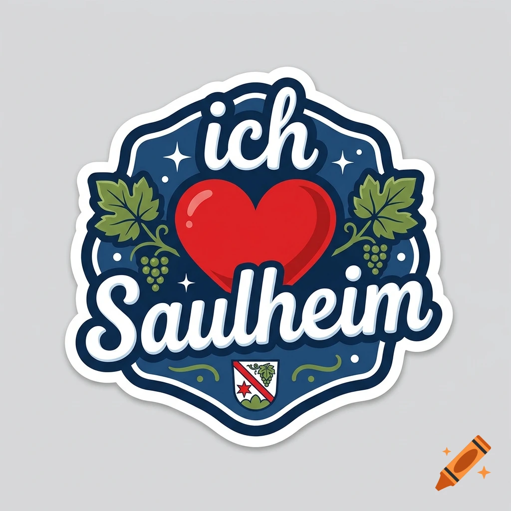 Digital sticker design with a dark blue background, a red heart, grapevines, and the text 'ich Saulheim' in white cursive.
