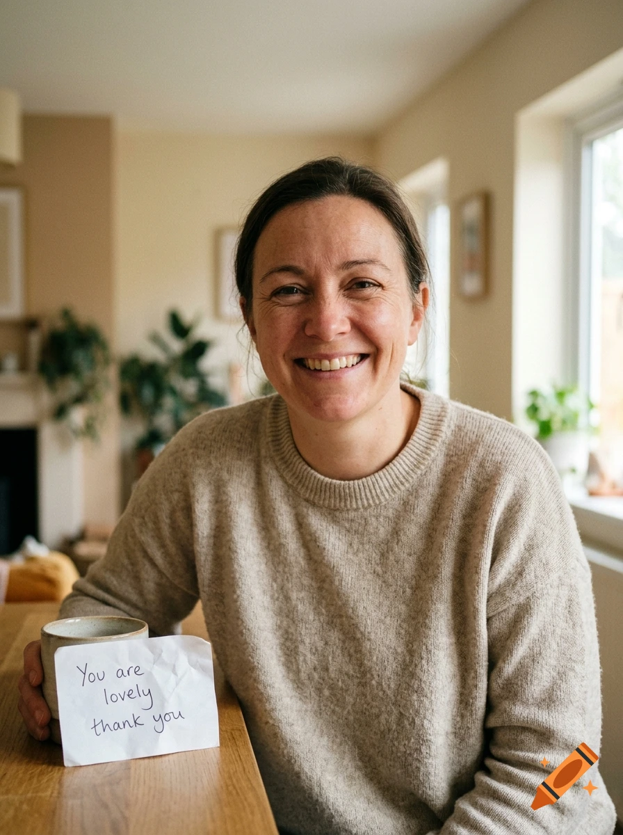 A smiling woman with dark hair, wearing a beige knitted sweater, sits indoors and holds a small note that reads You are lovely thank you, with a ceramic mug on a wooden table beside her.