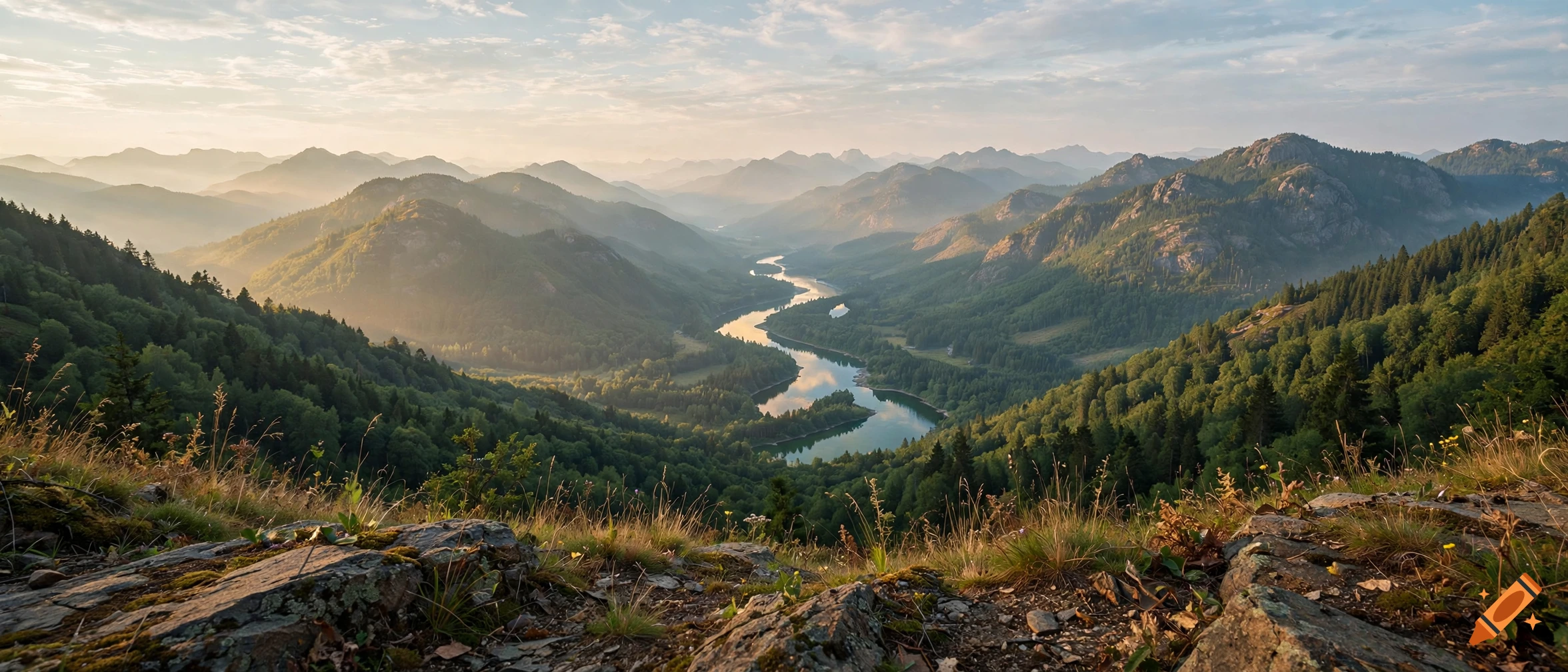 A photorealistic wide landscape of a winding river flowing through a lush mountain valley at sunrise.