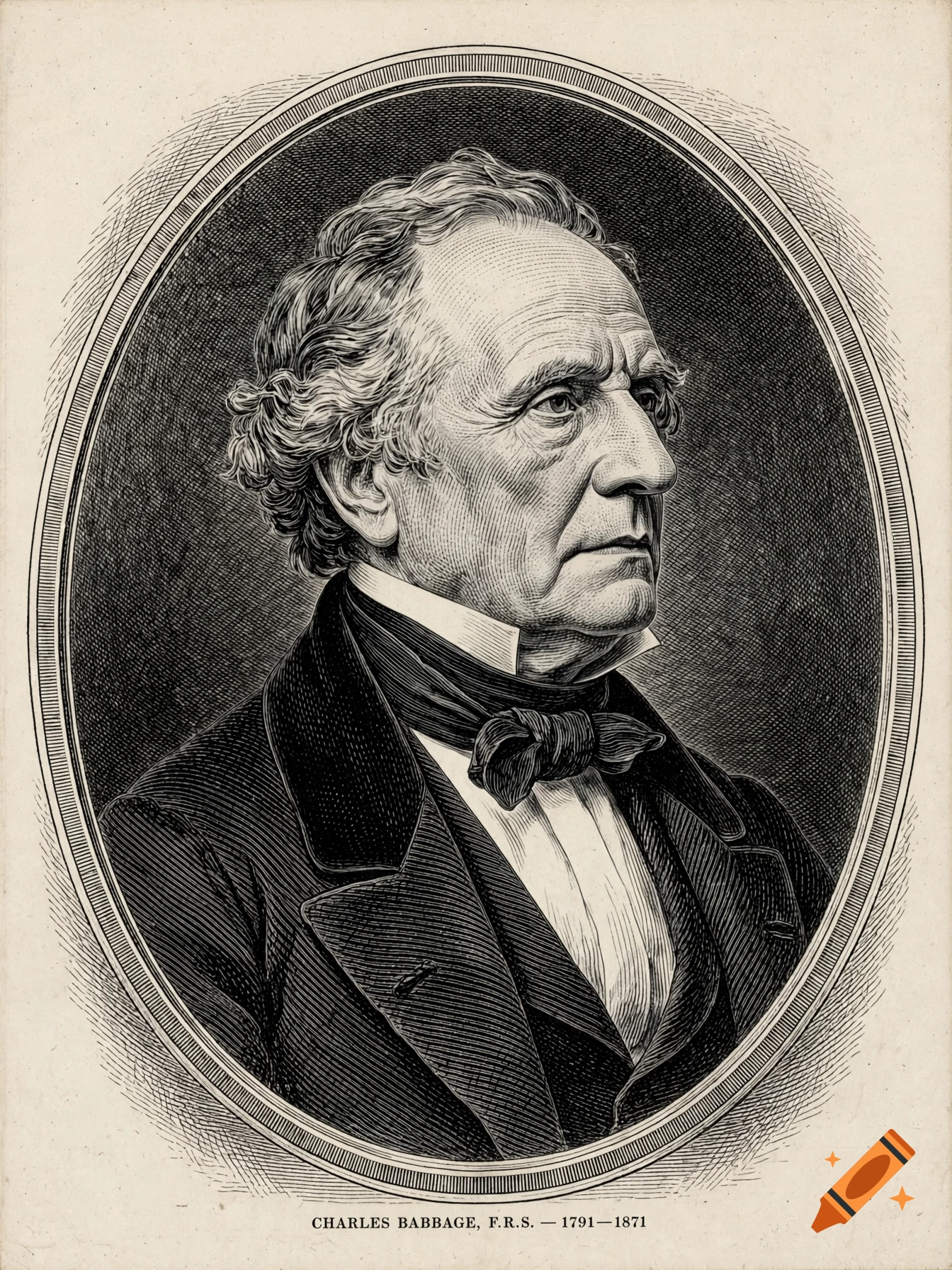 Engraved 19th-century style portrait of Charles Babbage in an oval frame with his name and dates below.
