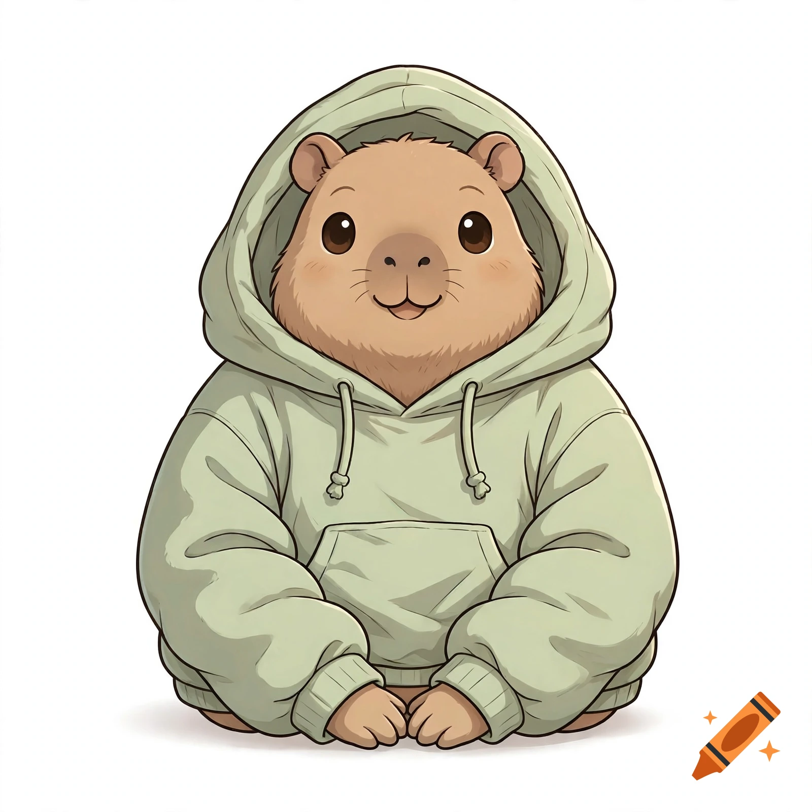 An illustration of a cute capybara wearing a mint green hoodie against a plain white background.
