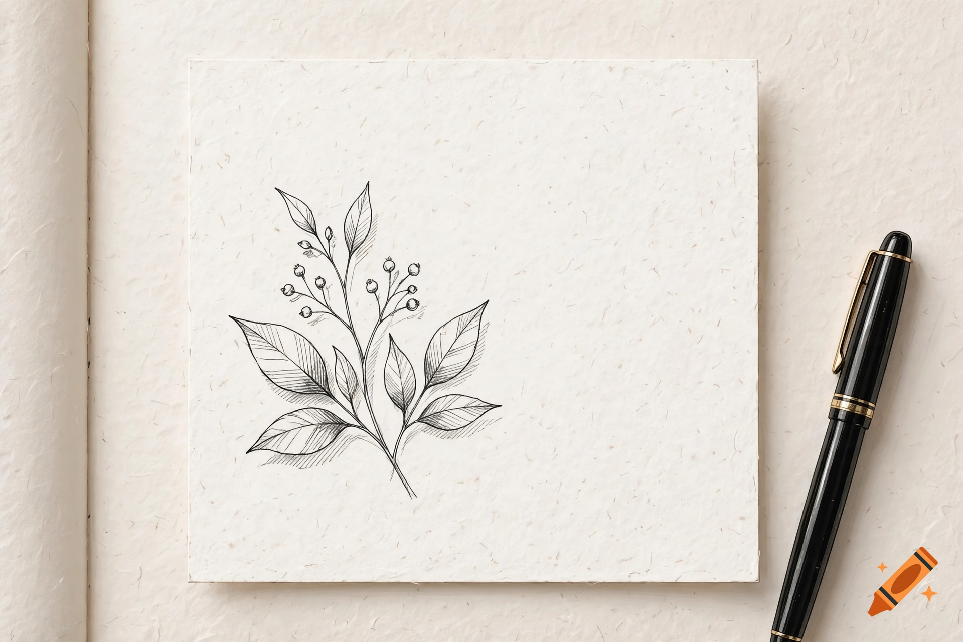 Black and ink pen botanical sketch of a leafy branch with berries on textured paper next to a fountain pen.