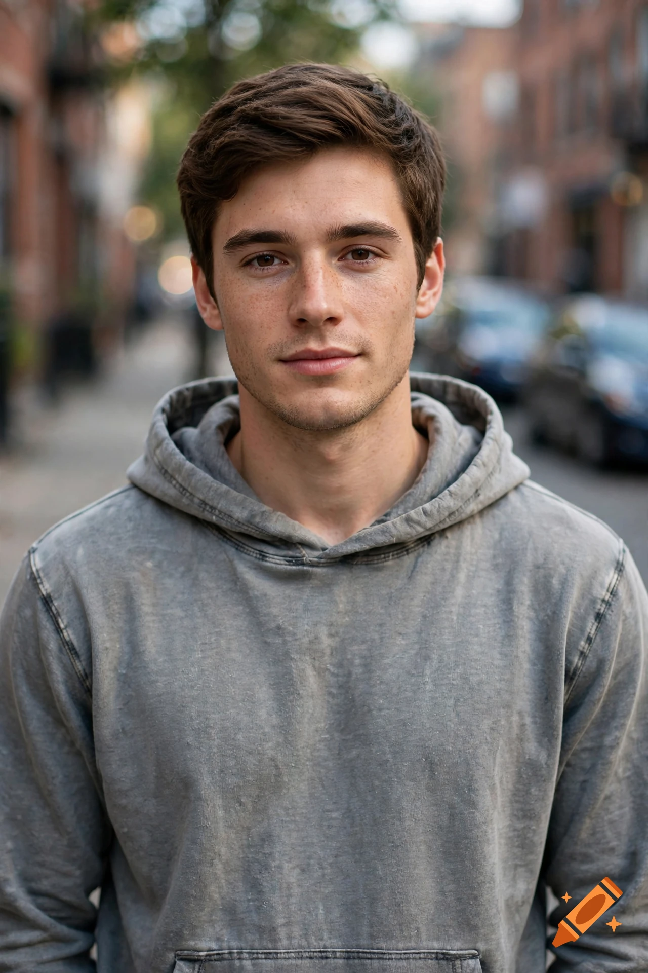Photorealistic close-up portrait of a young man with brown hair and freckles wearing a grey hoodie on a city street.