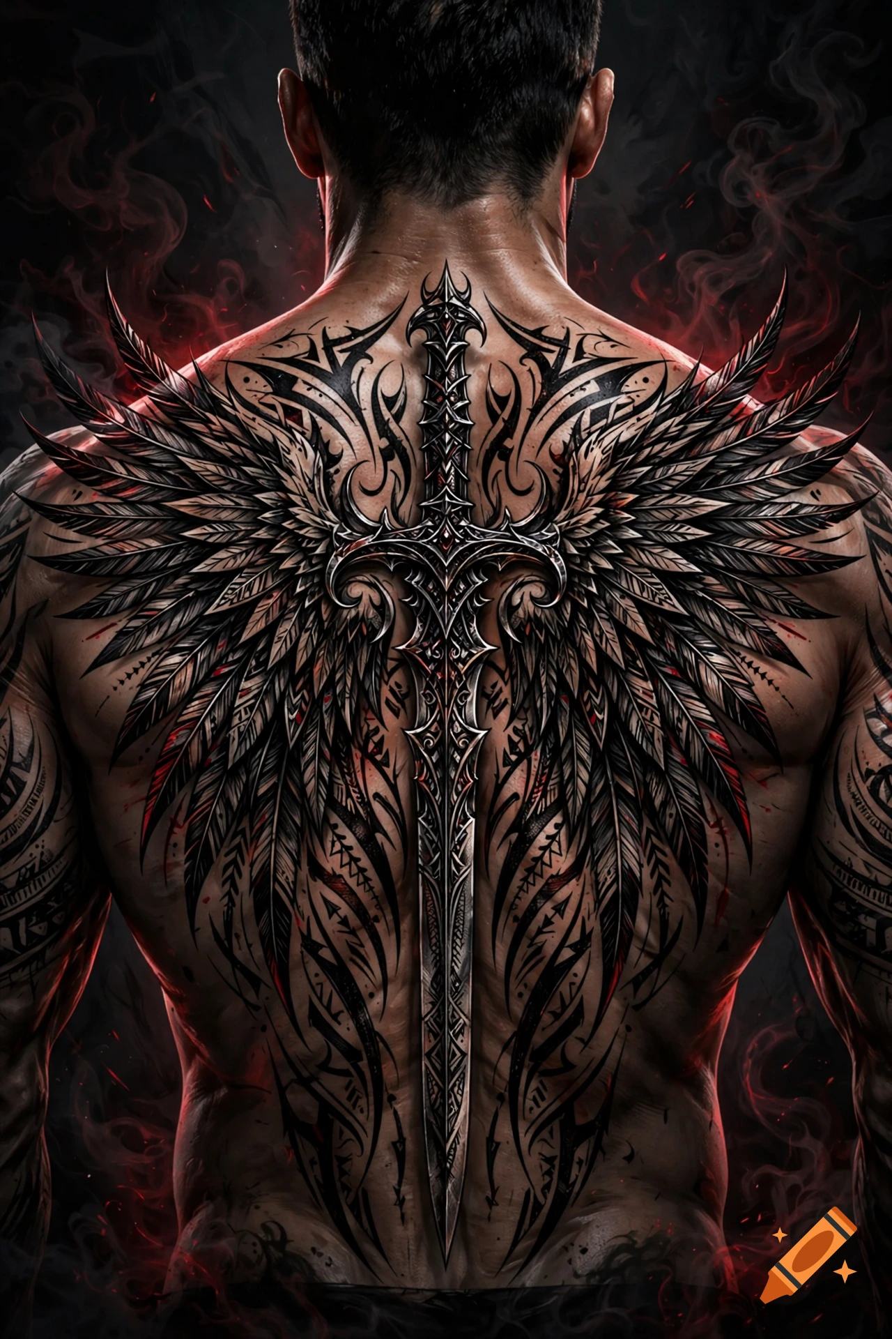 A close-up back view of a muscular man with an elaborate tattoo of a sword running down his spine, flanked by large feathered wings, against a dark, smoky red background.