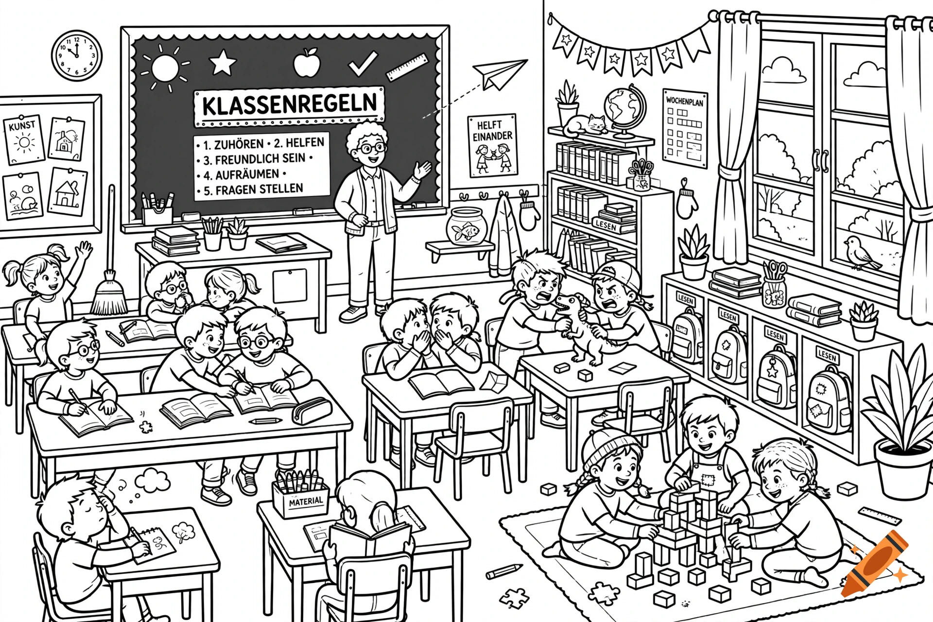 Black and white coloring page of a bustling classroom with children learning, playing, and a teacher by the blackboard.