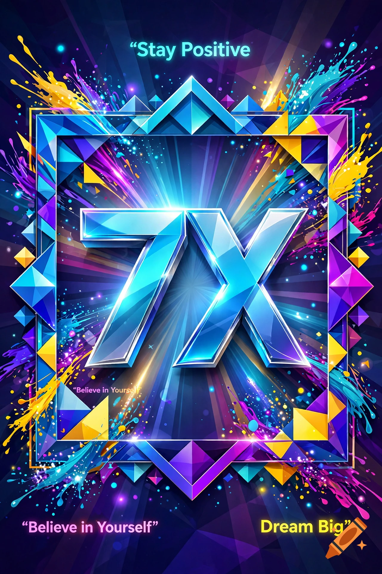 Vibrant and colorful digital poster featuring the number 7X in bold blue letters inside a geometric frame with paint splatters.