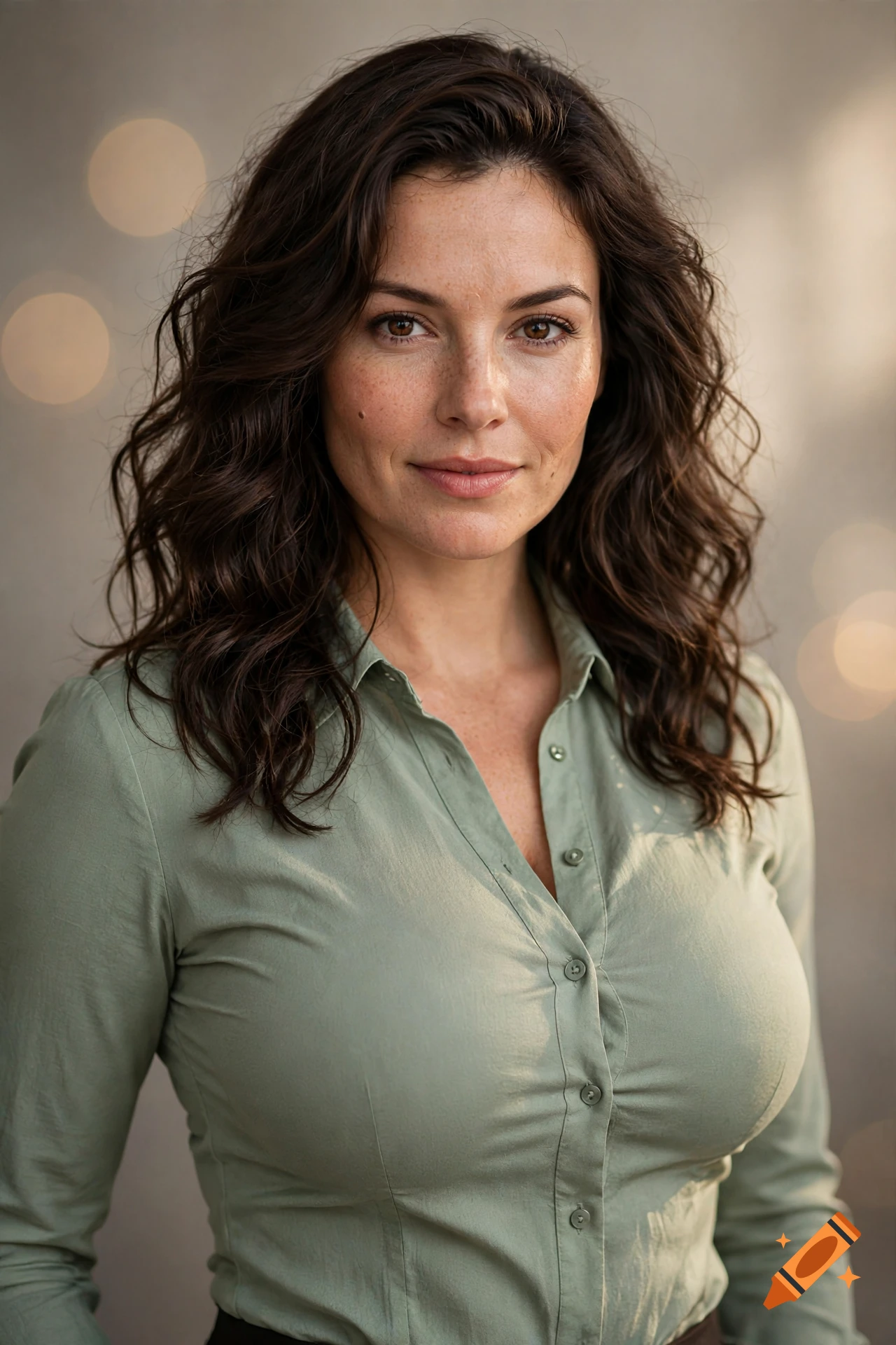 Photorealistic medium shot portrait of a woman with dark wavy hair and freckles wearing a green button-down shirt.