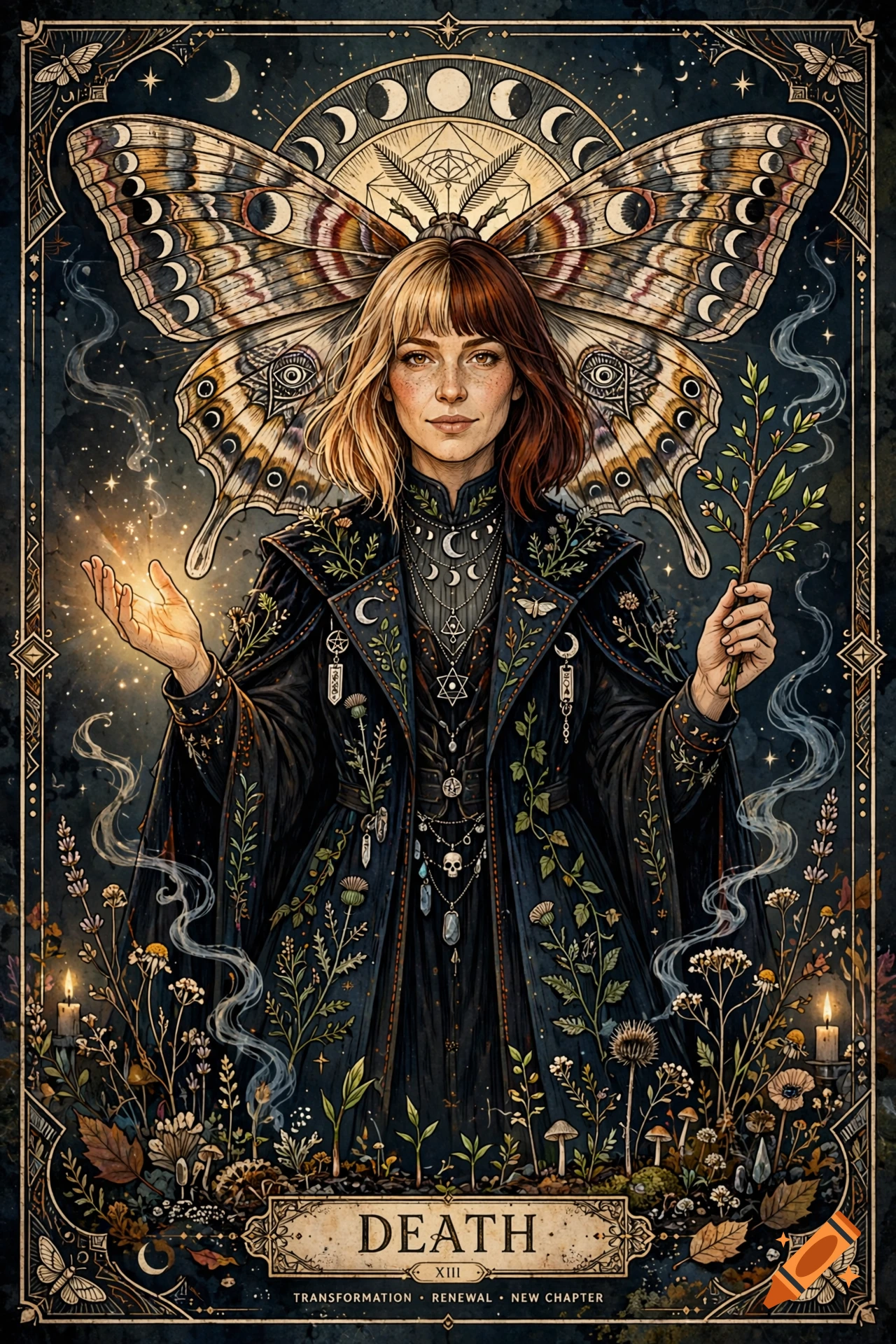 Tarot card illustration of a modern witchy woman representing Death with a large moth in the background, featuring botanical elements and runes.