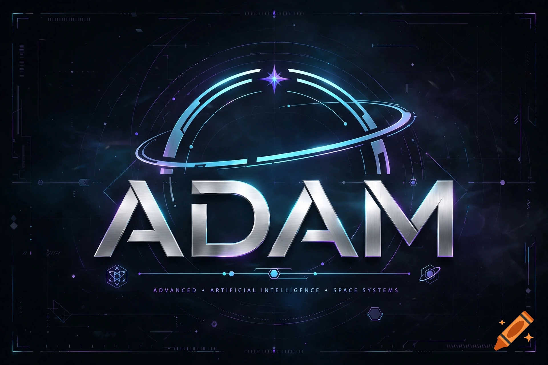 Futuristic sci-fi logo featuring the word ADAM in metallic silver text with space systems branding and a planetary ring design.