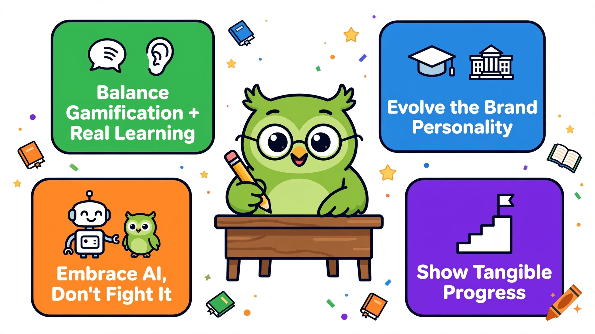 A cute green owl character sitting at a desk with four colorful cards containing educational text and icons in a flat vector illustration style.
