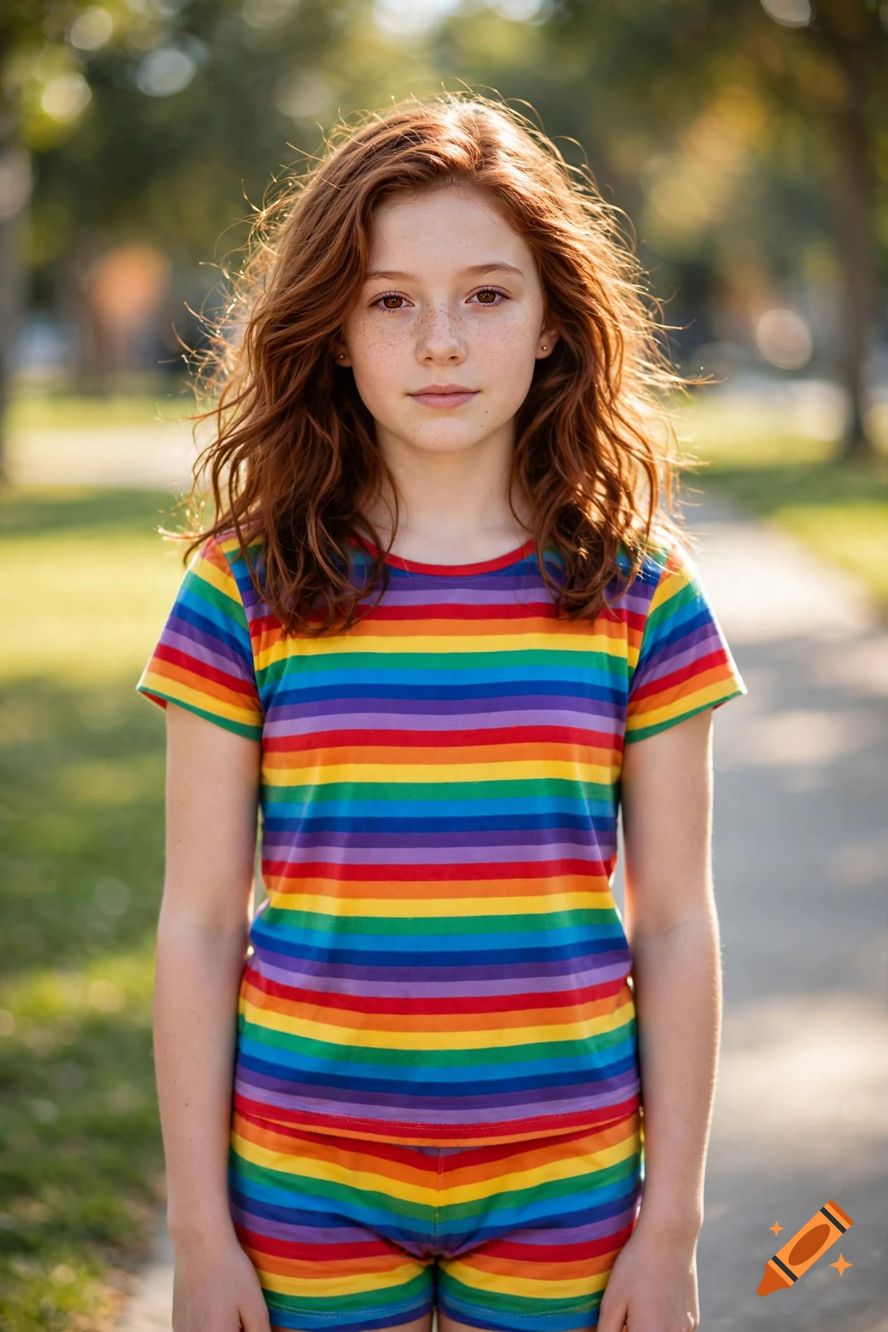 A young girl with reddish-brown wavy hair and freckles stands outdoors wearing a rainbow-striped shirt and shorts.