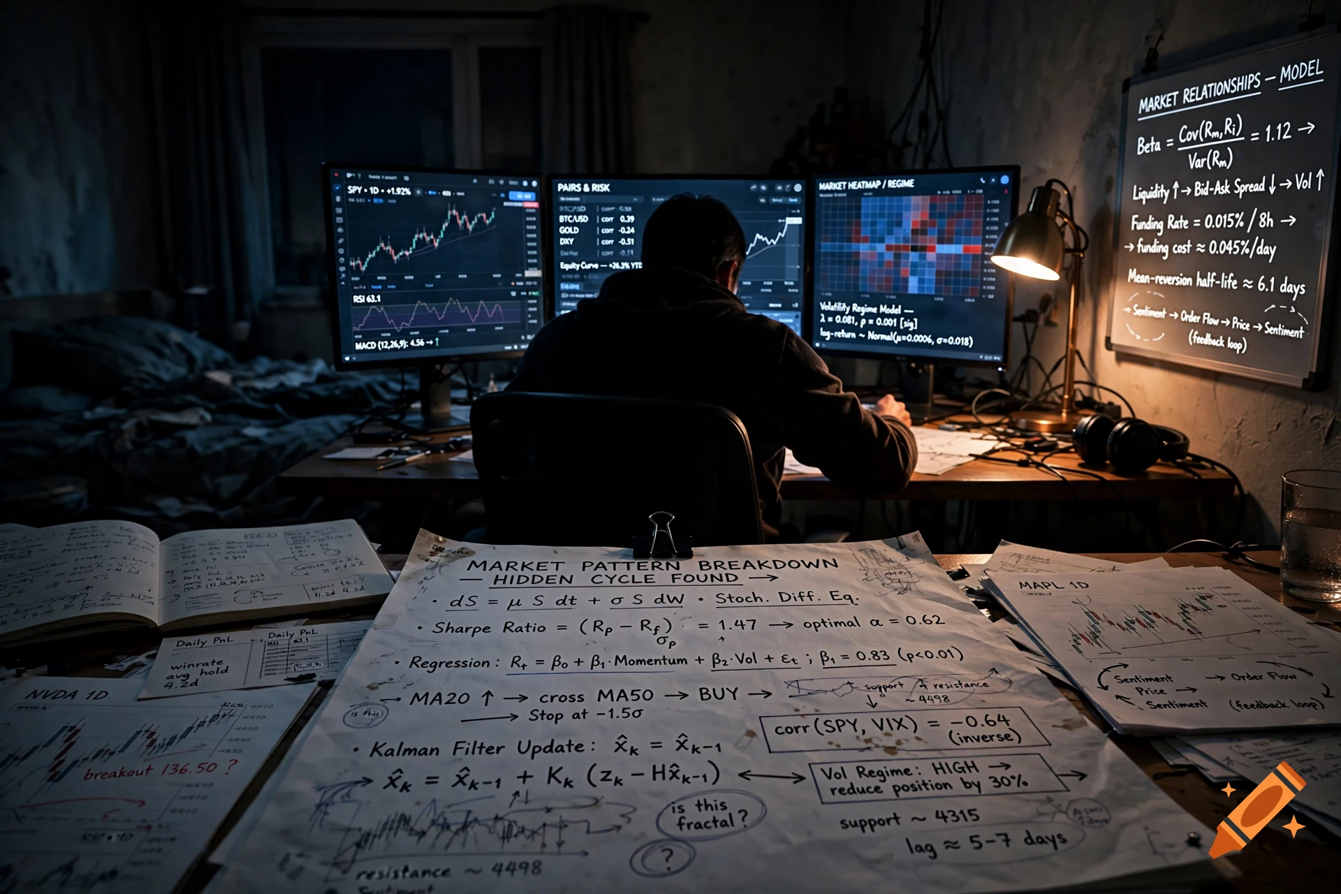 A silhouetted person working at a desk surrounded by multiple monitors with financial charts and numerous papers with equations in a dark room.