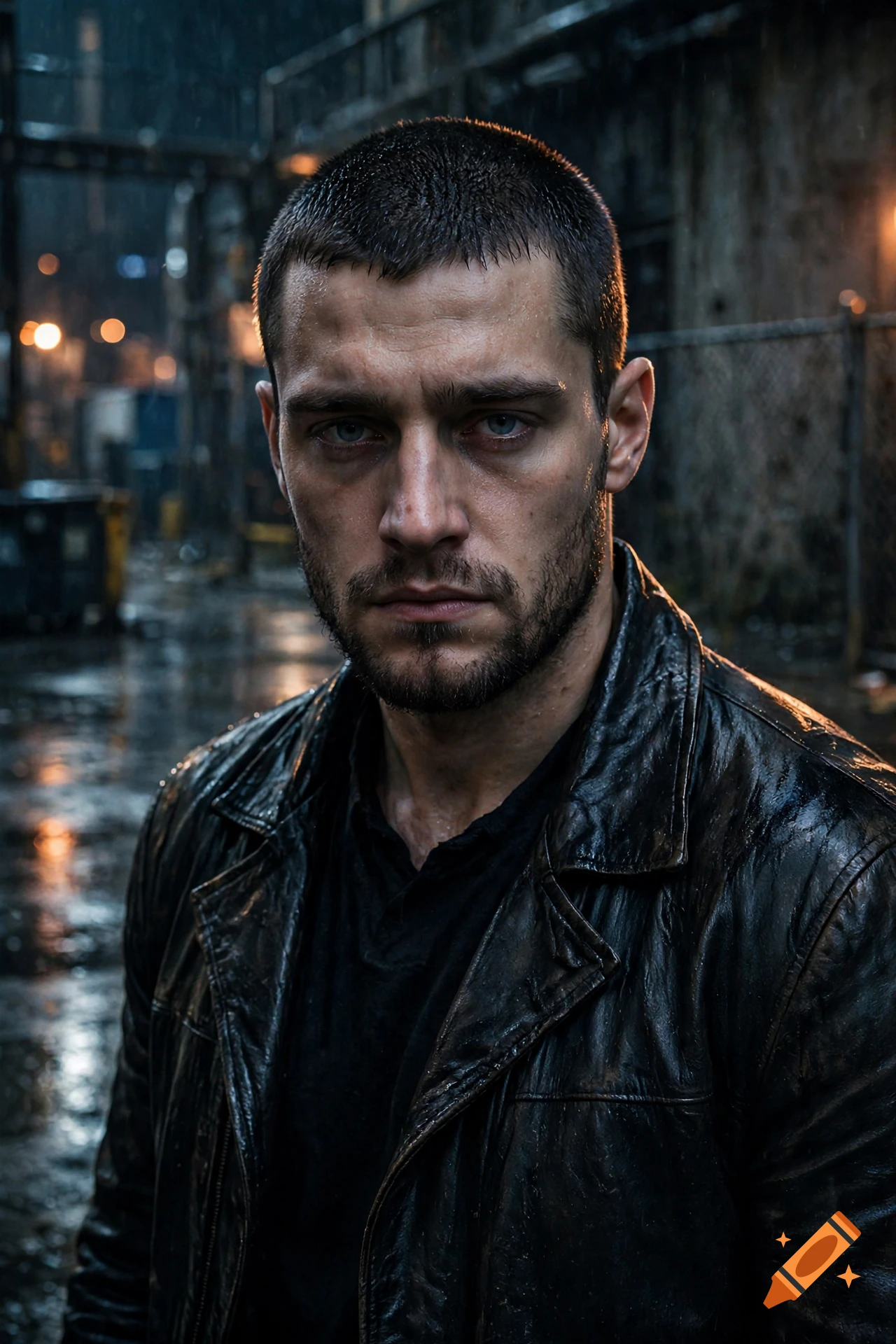 Close-up portrait of a man with short hair and stubble, wearing a wet black leather jacket in an urban alley at night during rain.