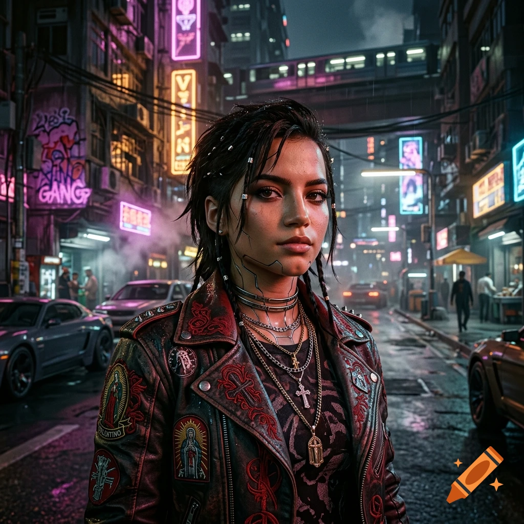 Photorealistic portrait of a young woman with dark braided hair and a leather jacket in a neon-lit cyberpunk city street.