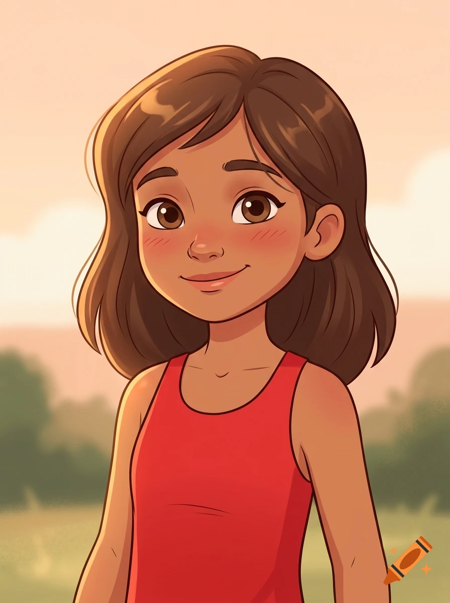 Digital cartoon portrait of a smiling young girl with brown hair and eyes, wearing a red tank top against a soft sunset background.