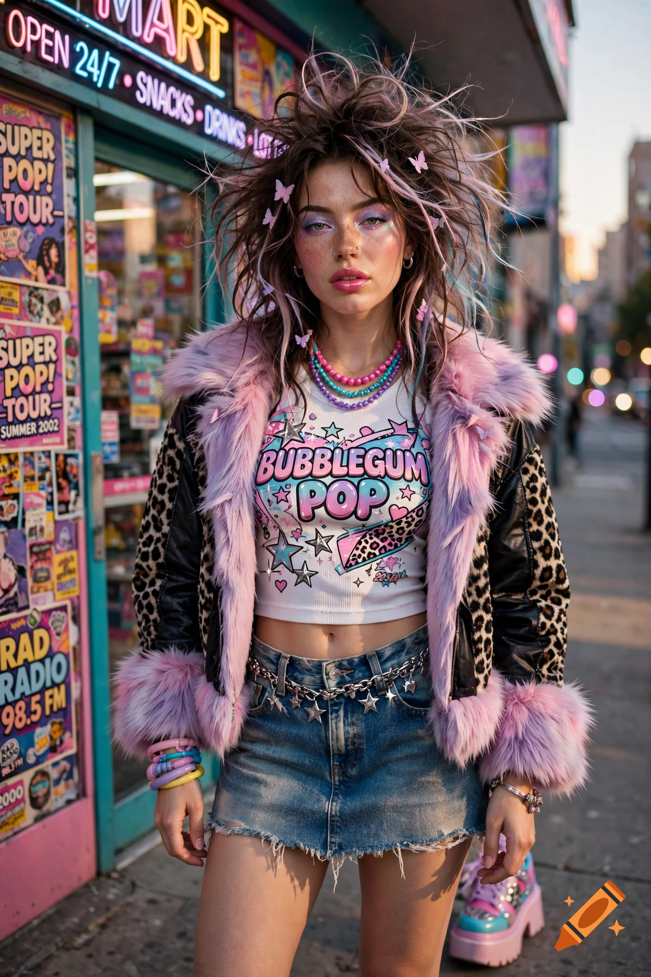 Photorealistic portrait of a young woman with wild pinkish-purple hair and butterfly clips, wearing a leopard-print jacket and bubblegum pink crop top in front of a convenience store.