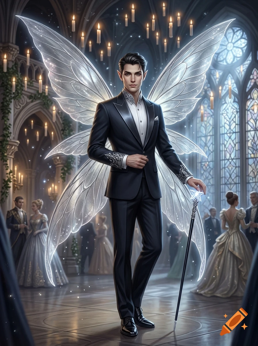 A male D&D fairy with large silvery translucent wings wearing a tailored black tuxedo and holding a magic wand in a grand ballroom.