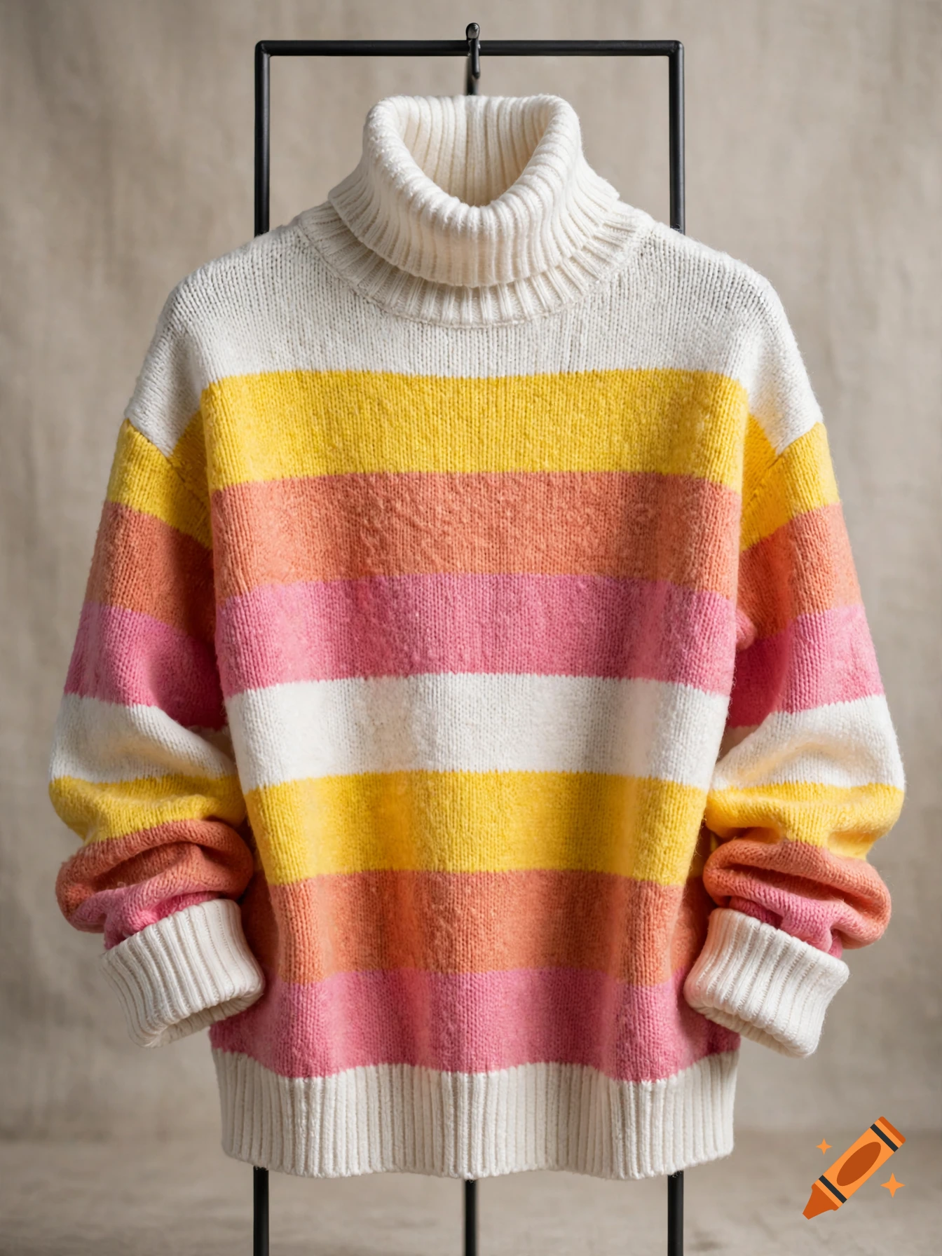 A colorful striped turtleneck sweater in white, yellow, salmon, and pink hanging on a black metal rack.