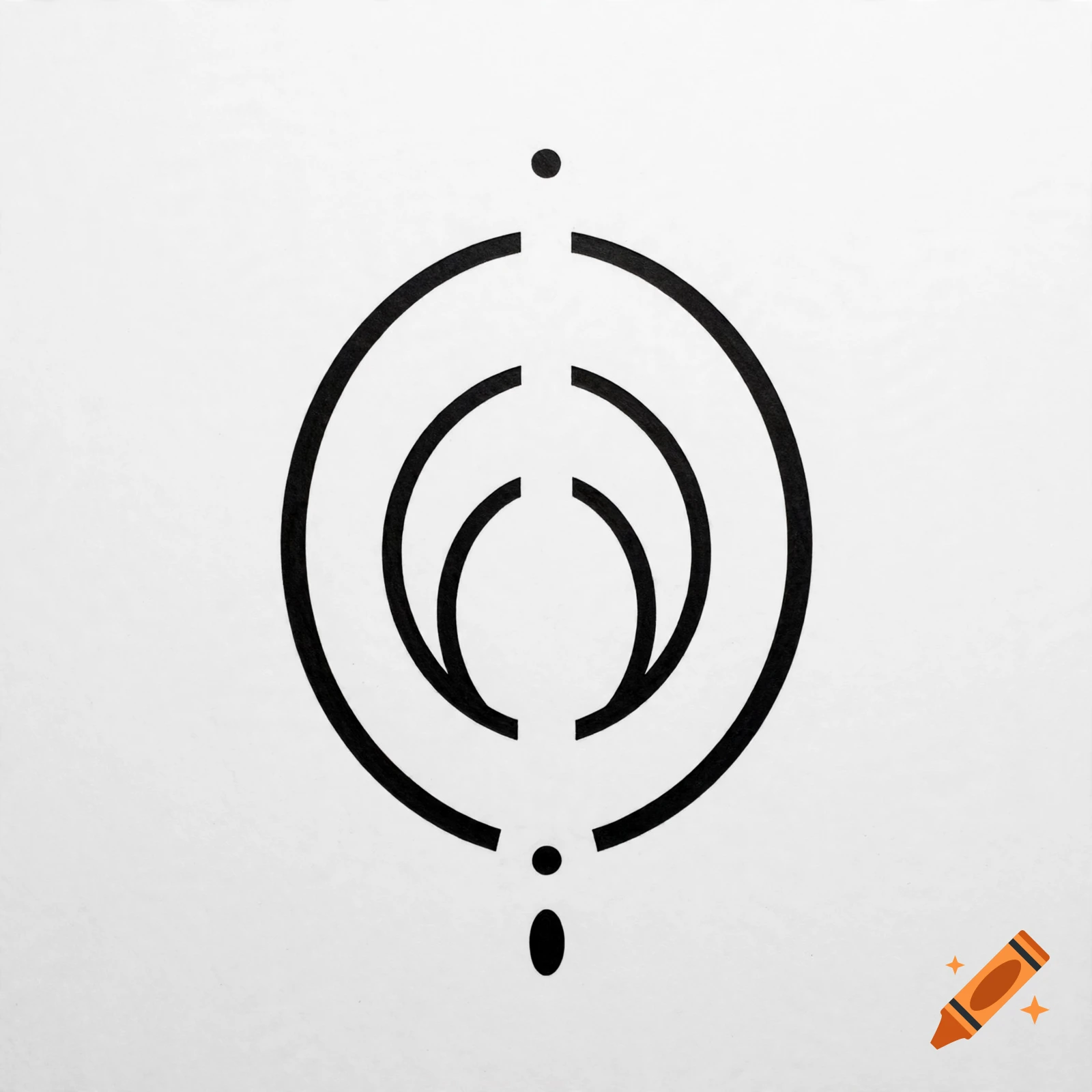 Minimalist black and white geometric design featuring concentric curved lines and dots arranged vertically.