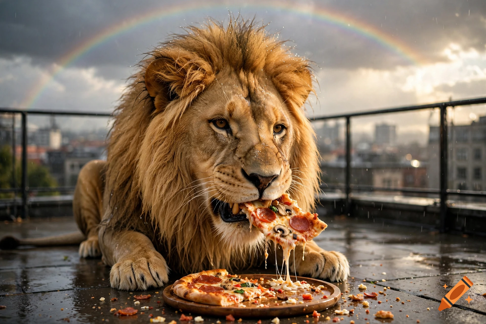 A photorealistic lion eating a slice of pizza on a rooftop during a rainstorm with a rainbow overhead.