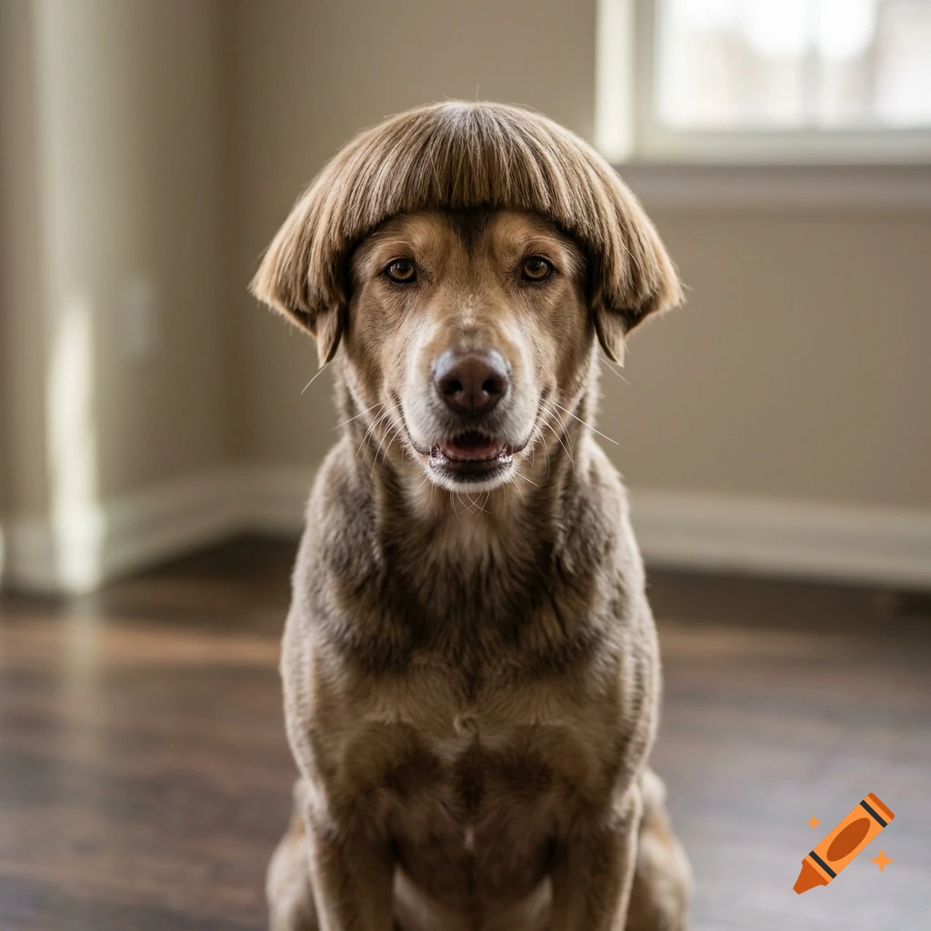 A brown dog wearing a straight-bangs bowl haircut sitting indoors, looking directly at the camera.