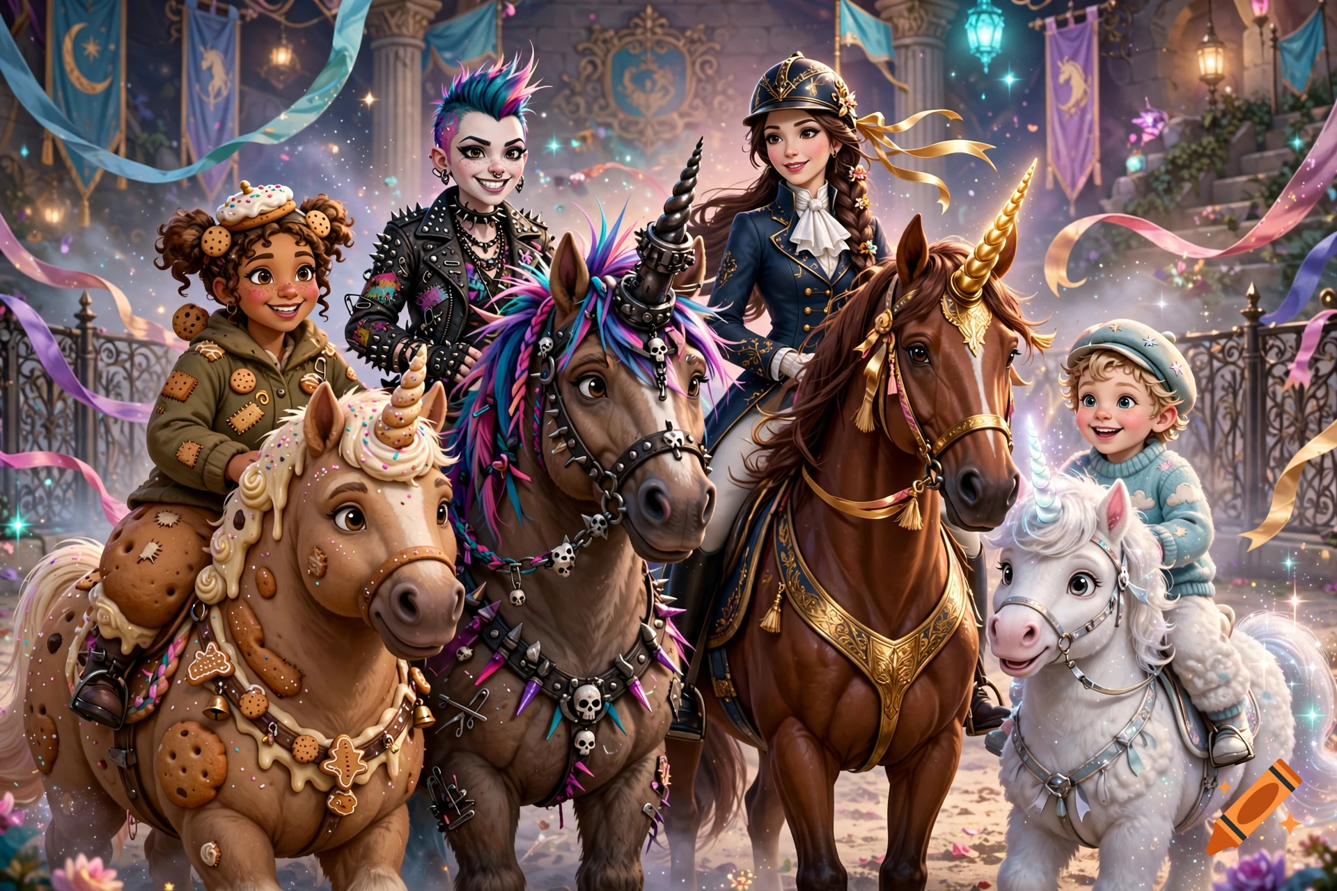 Digital fantasy illustration of diverse riders with unique unicorn horses in a riding arena.