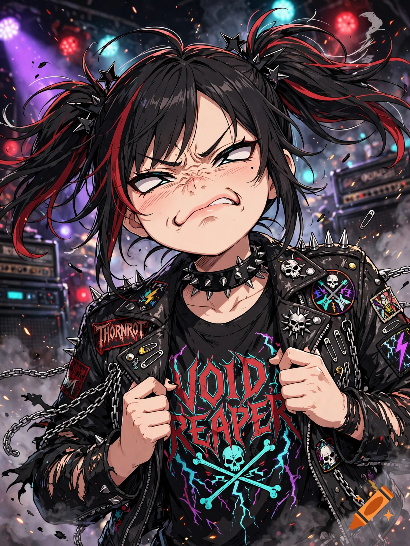 Anime girl metalhead with black and red hair making a stank face, wearing a spiked leather jacket at a concert.