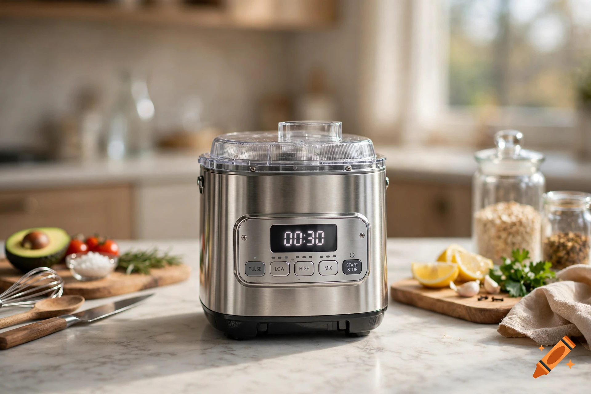 Photorealistic image of a stainless steel kitchen gadget with a digital display showing 00:30 on a marble countertop in a kitchen.