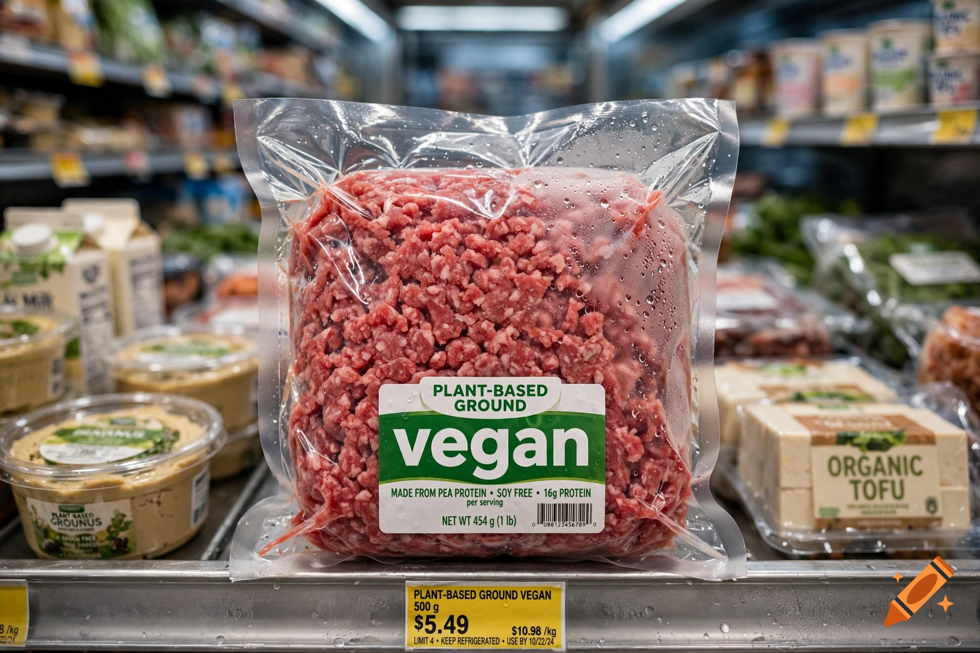 Photorealistic grocery store shelf with a vacuum-sealed package of ground meat labeled as vegan.