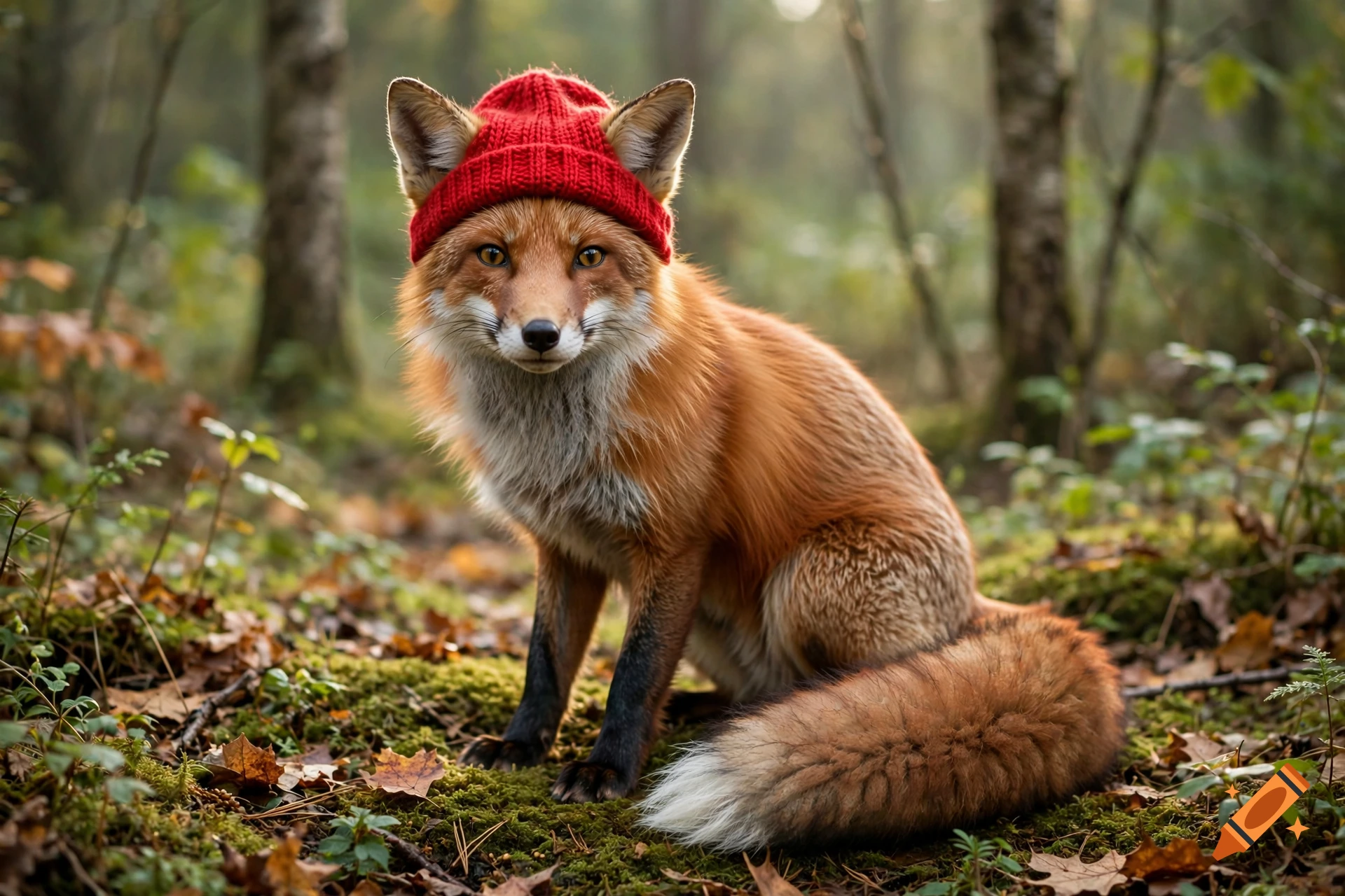 Photorealistic red fox wearing a red knitted beanie hat, sitting on mossy forest ground with fallen autumn leaves.