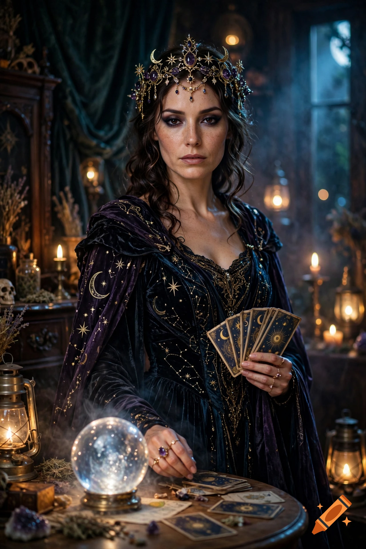 Photorealistic portrayal of a female oracle in a velvet cloak with a glowing crystal ball and tarot cards, in a candlelit room.