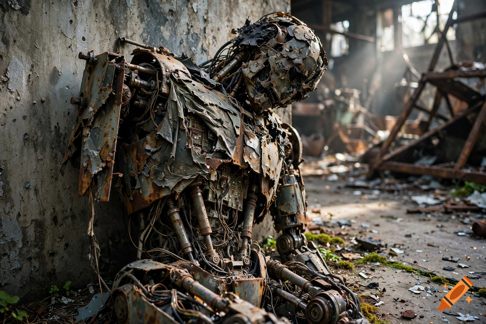 Photorealistic image of a heavily rusted and decaying robot leaning against a concrete wall in a ruined warehouse.