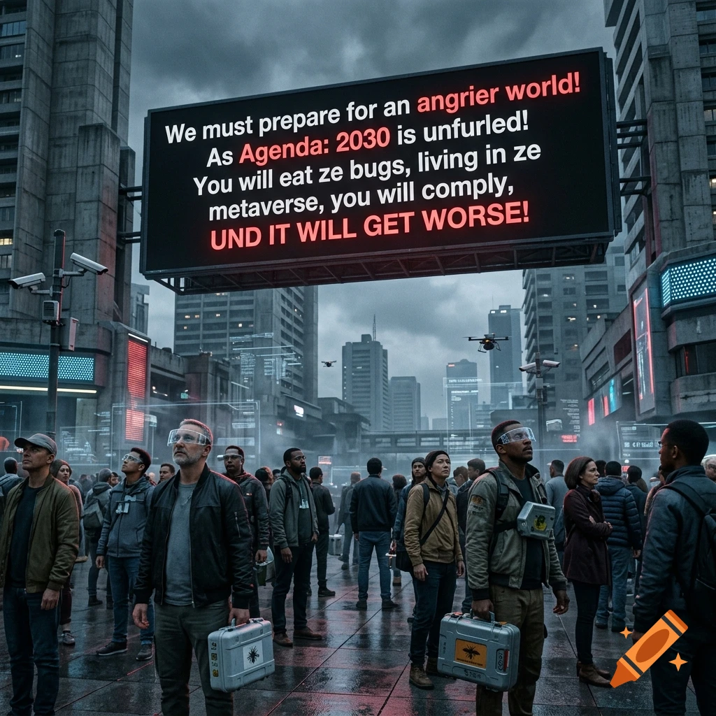 A large crowd of people in a futuristic city looking up at a giant digital billboard displaying text about Agenda 2030 and compliance.