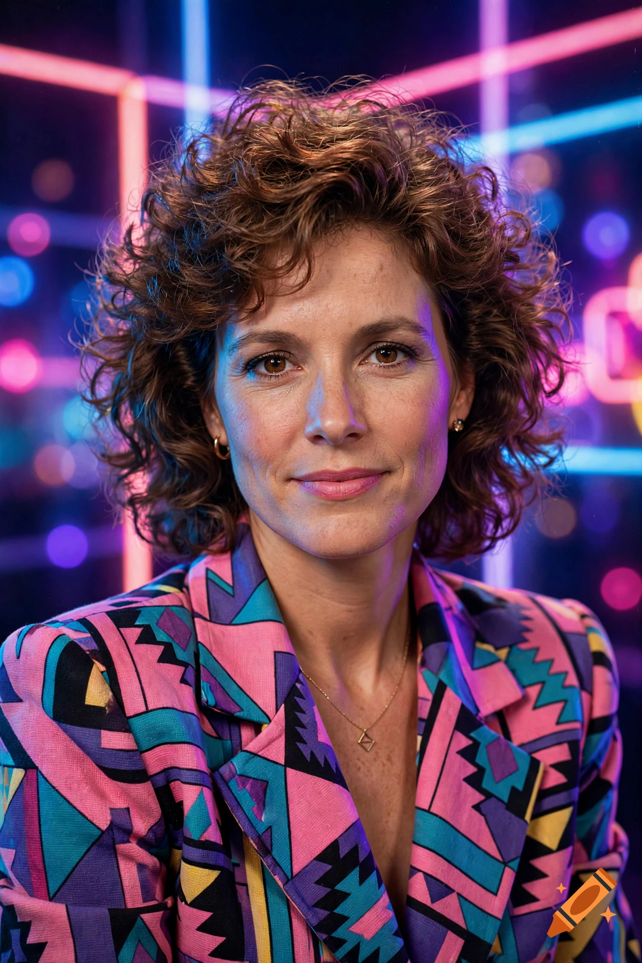 1980s retro portrait of a person with curly hair and a colorful patterned blazer against a neon grid background.