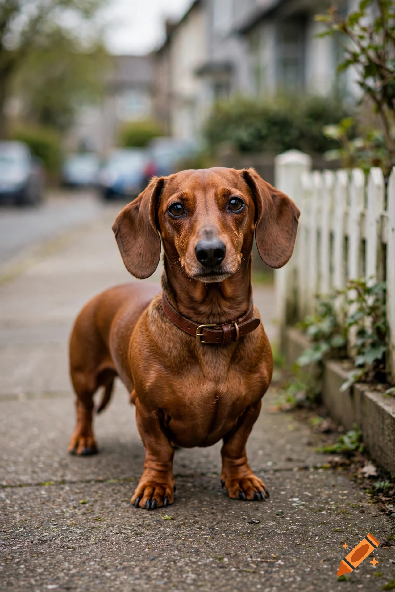 Photorealistic image of a short-haired dachshund standing on a sidewalk in front of a white picket fence.