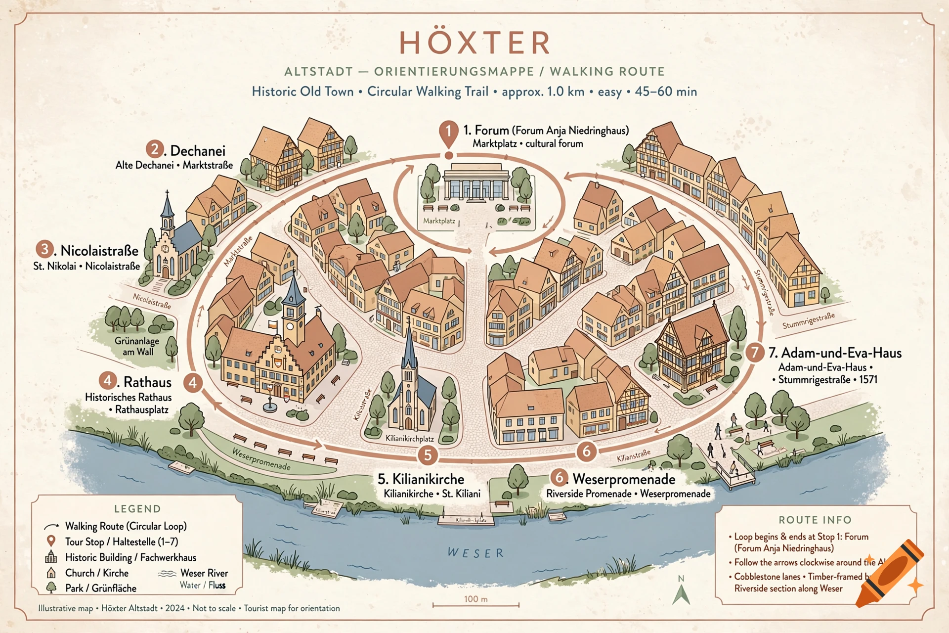 An illustrated tourist map of Höxter showing a circular walking route through the historic old town, including numbered points of interest, buildings, and the Weser River.